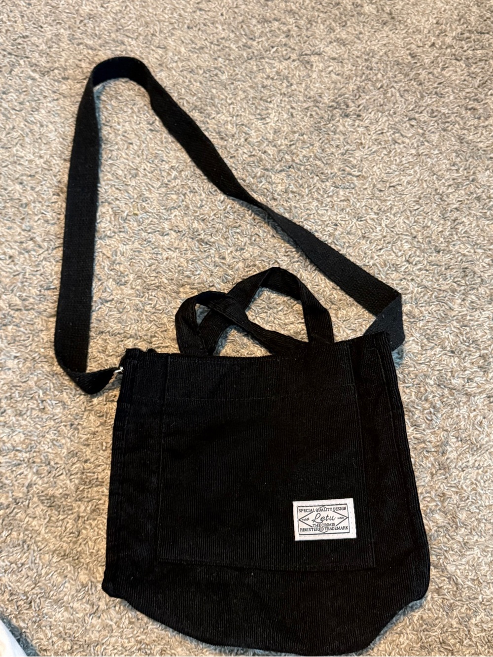 Black Corduroy Mini Crossbody Tote Bag With Pocket